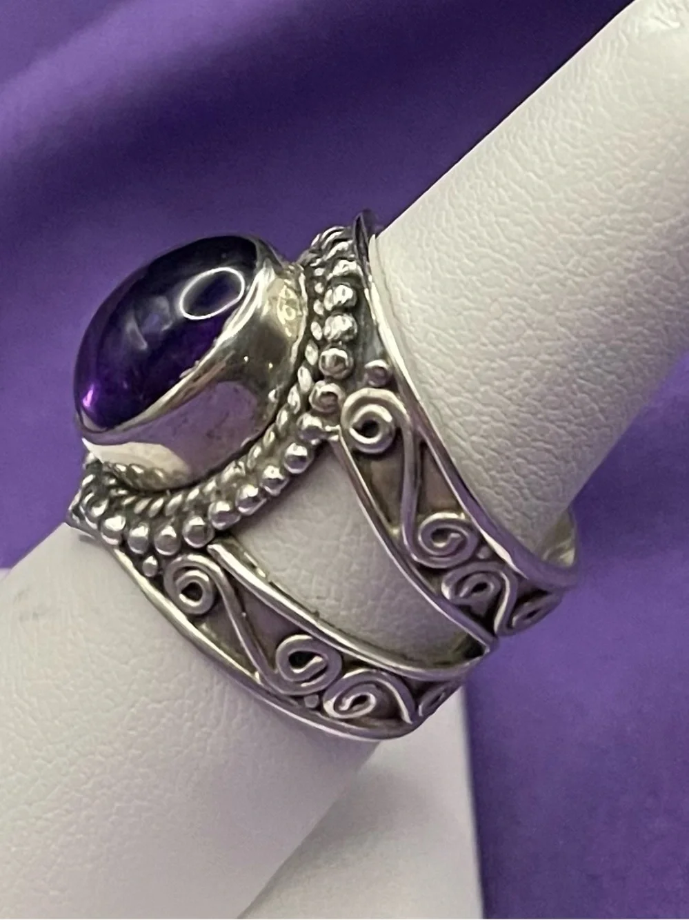 Vtg  SS  oval, amethyst statement, ring size 7 Boho wide band.   8.34  grams